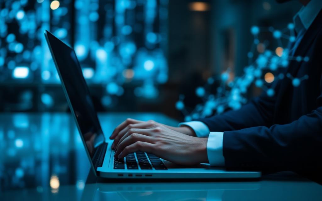 Professional typing on a laptop surrounded by abstract AI network light