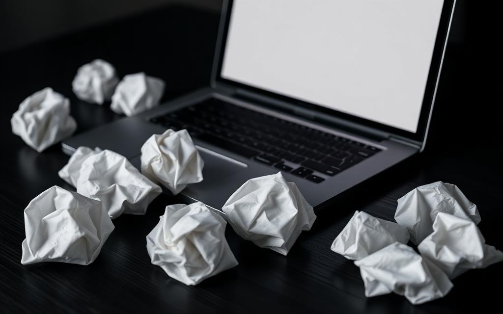 Crumpled paper beside a laptop, representing failed bid submissions