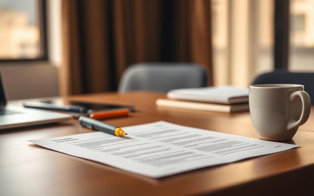 Executive summary document, pen and coffee on a bid writer's desk