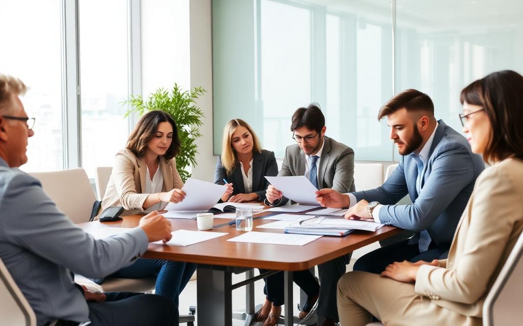Evaluation panel reviewing tender documents in a boardroom