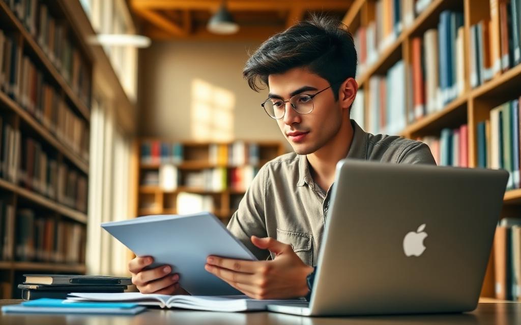 Professional studying for a certification exam in a library