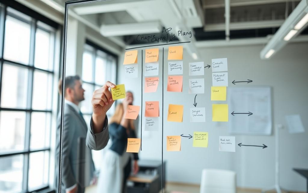 Business strategist mapping a capture plan on a glass whiteboard